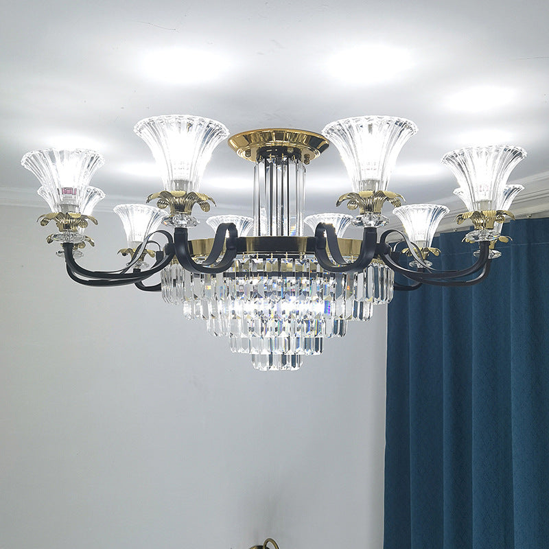 Modern Luxury Iron Crystal Horn Cylinder 3/6/8/10/12 Light Semi-Flush Mount Ceiling Light For Living Room