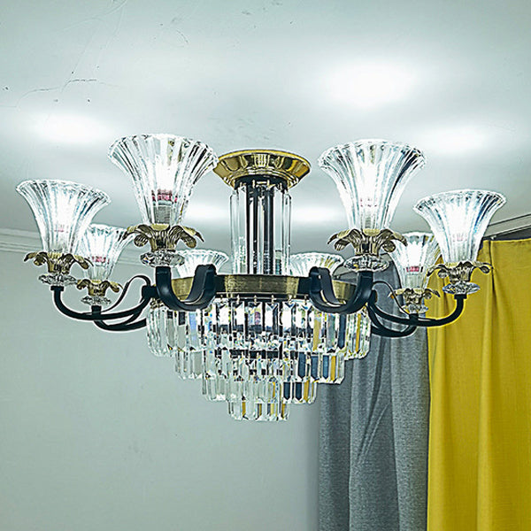 Modern Luxury Iron Crystal Horn Cylinder 3/6/8/10/12 Light Semi-Flush Mount Ceiling Light For Living Room