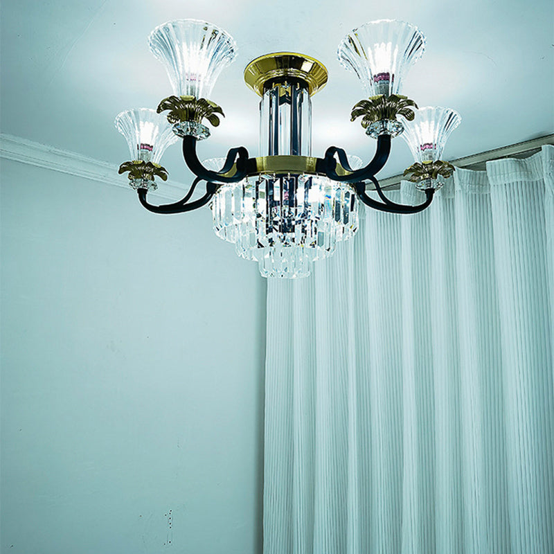 Modern Luxury Iron Crystal Horn Cylinder 3/6/8/10/12 Light Semi-Flush Mount Ceiling Light For Living Room