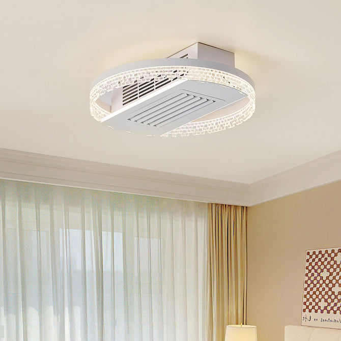 Modern Luxury Aluminum Iron Acrylic Round LED Semi-Flush Mount Leafless Ceiling Fan Light For Bedroom