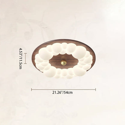 Contemporary Retro Iron PE Ash Wood Round Bubble LED Flush Mount Ceiling Light For Bedroom