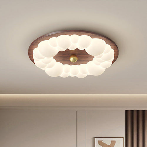 Contemporary Retro Iron PE Ash Wood Round Bubble LED Flush Mount Ceiling Light For Bedroom