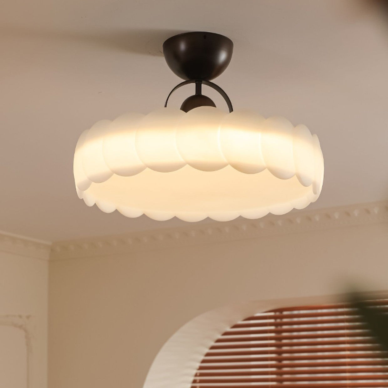 Contemporary Retro Rubber Wood Iron Acrylic Pellucid Round LED Semi-Flush Mount Ceiling Light For Bedroom