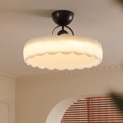 Contemporary Retro Rubber Wood Iron Acrylic Pellucid Round LED Semi-Flush Mount Ceiling Light For Bedroom