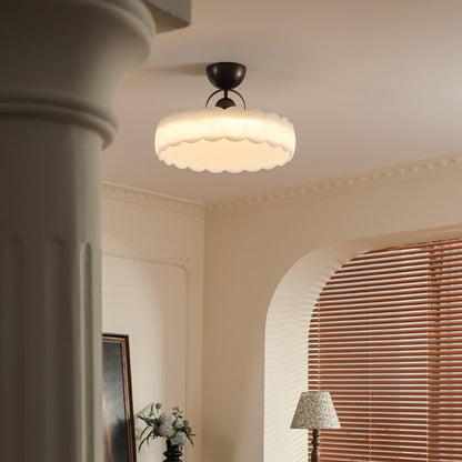 Contemporary Retro Rubber Wood Iron Acrylic Pellucid Round LED Semi-Flush Mount Ceiling Light For Bedroom