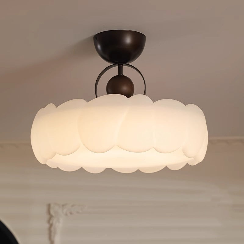 Contemporary Retro Rubber Wood Iron Acrylic Pellucid Round LED Semi-Flush Mount Ceiling Light For Bedroom