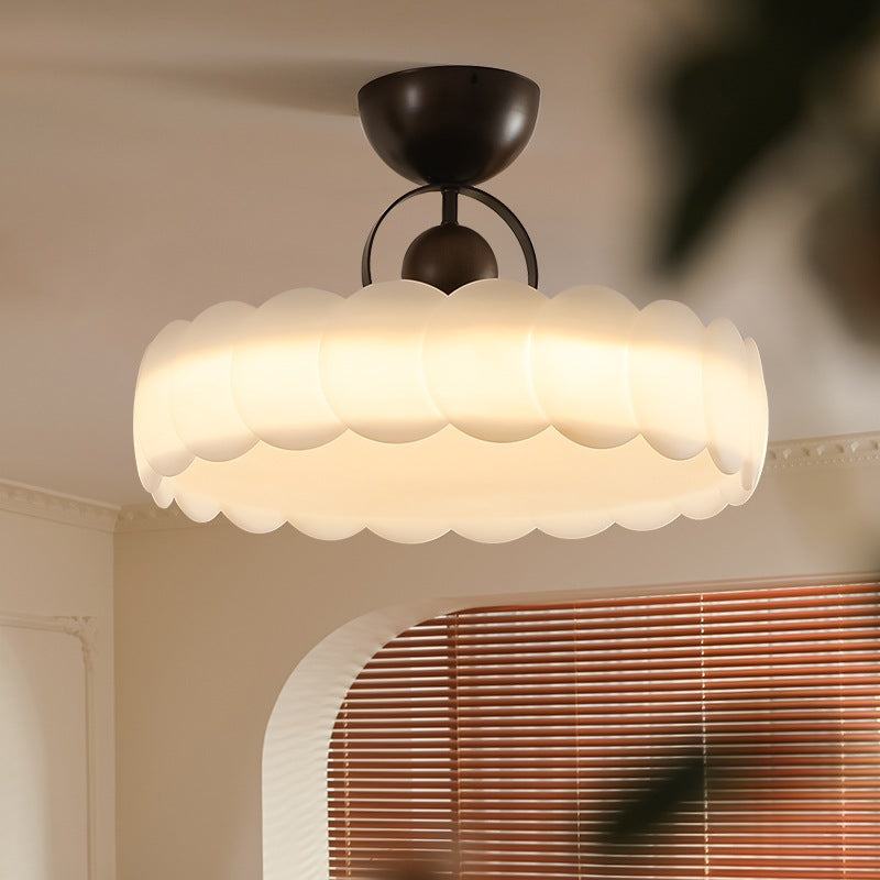 Contemporary Retro Rubber Wood Iron Acrylic Pellucid Round LED Semi-Flush Mount Ceiling Light For Bedroom