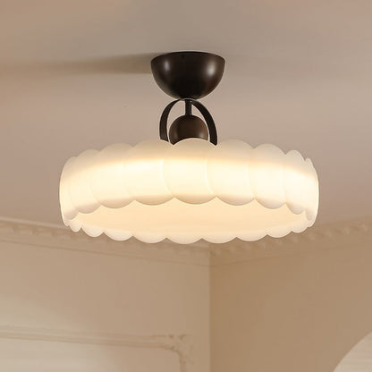 Contemporary Retro Rubber Wood Iron Acrylic Pellucid Round LED Semi-Flush Mount Ceiling Light For Bedroom