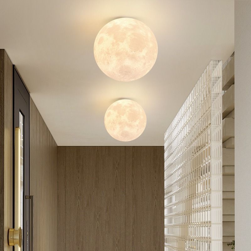 Contemporary Nordic Iron Resin Moon Ball 1-Light Semi-Flush Mount Ceiling Light For Hallway Lumendat