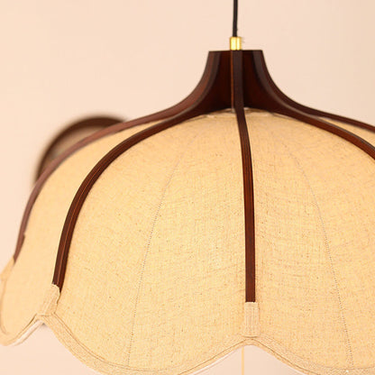 Traditional Vintage Oak Hardware Fabric Dome Petal 1-Light Pendant Light For Dining Room