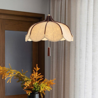 Traditional Vintage Oak Hardware Fabric Dome Petal 1-Light Pendant Light For Dining Room