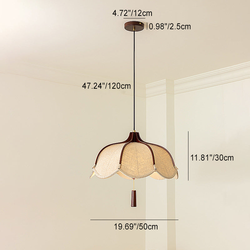 Traditional Vintage Oak Hardware Fabric Dome Petal 1-Light Pendant Light For Dining Room
