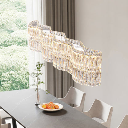 Modern Luxury Stainless Steel Crystal Wave Rectangular LED Chandeliers Island Light for Dining Room