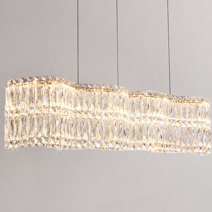Modern Luxury Stainless Steel Crystal Wave Rectangular LED Chandeliers Island Light for Dining Room