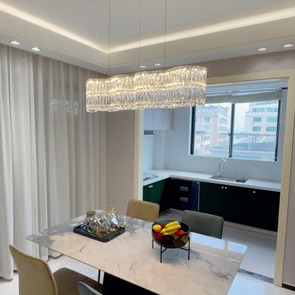 Modern Luxury Stainless Steel Crystal Wave Rectangular LED Chandeliers Island Light for Dining Room