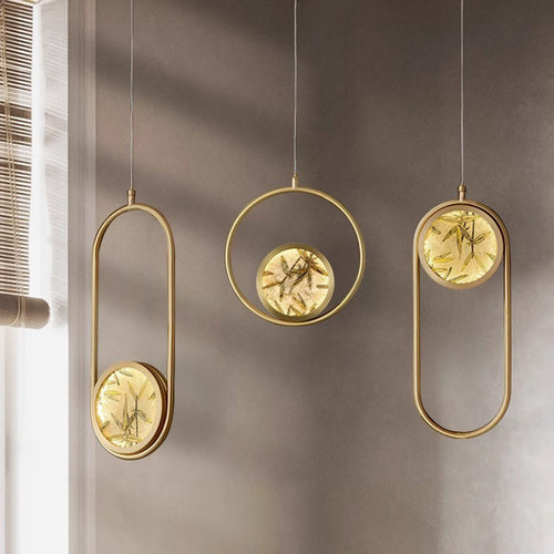 Traditional Chinese Round Square Elliptical Bamboo Leaf Copper Enameled Glass LED Pendant Light For Bedside