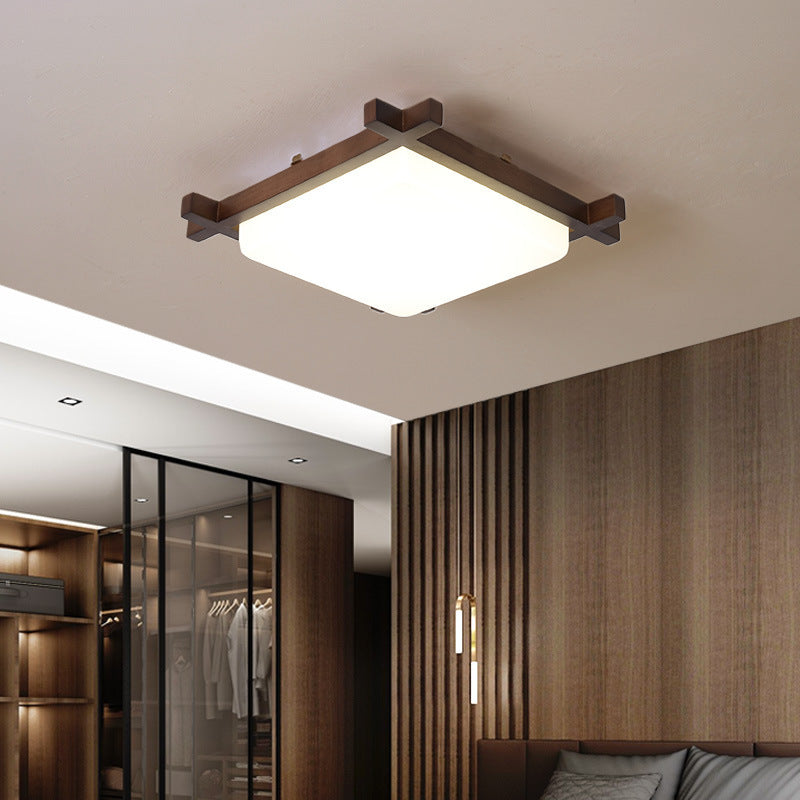 Traditional Japanese Square Rubber Wood Acrylic LED Flush Mount Ceiling Light For Bedroom Lumendat