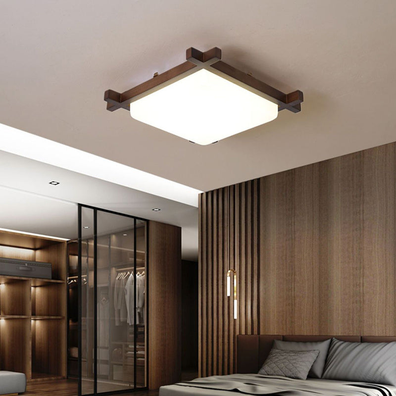 Traditional Japanese Square Rubber Wood Acrylic LED Flush Mount Ceiling Light For Bedroom Lumendat