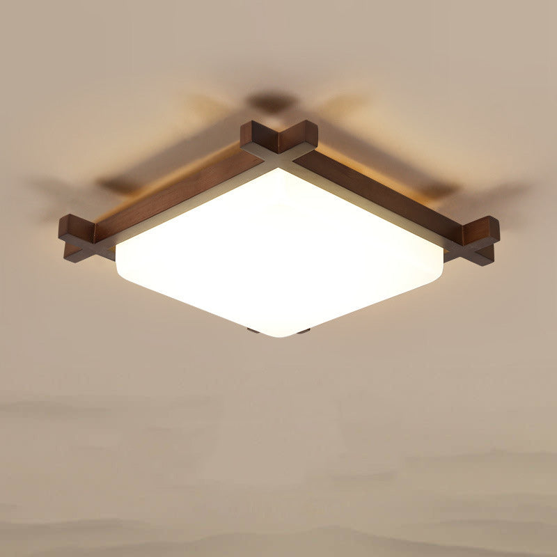 Traditional Japanese Square Rubber Wood Acrylic LED Flush Mount Ceiling Light For Bedroom Lumendat