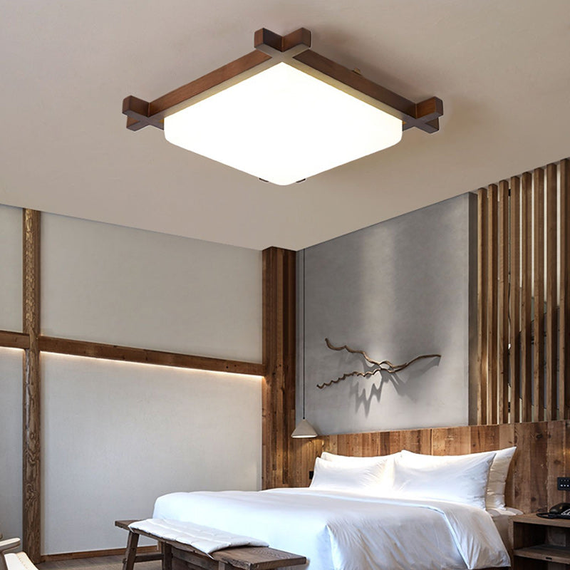 Traditional Japanese Square Rubber Wood Acrylic LED Flush Mount Ceiling Light For Bedroom Lumendat