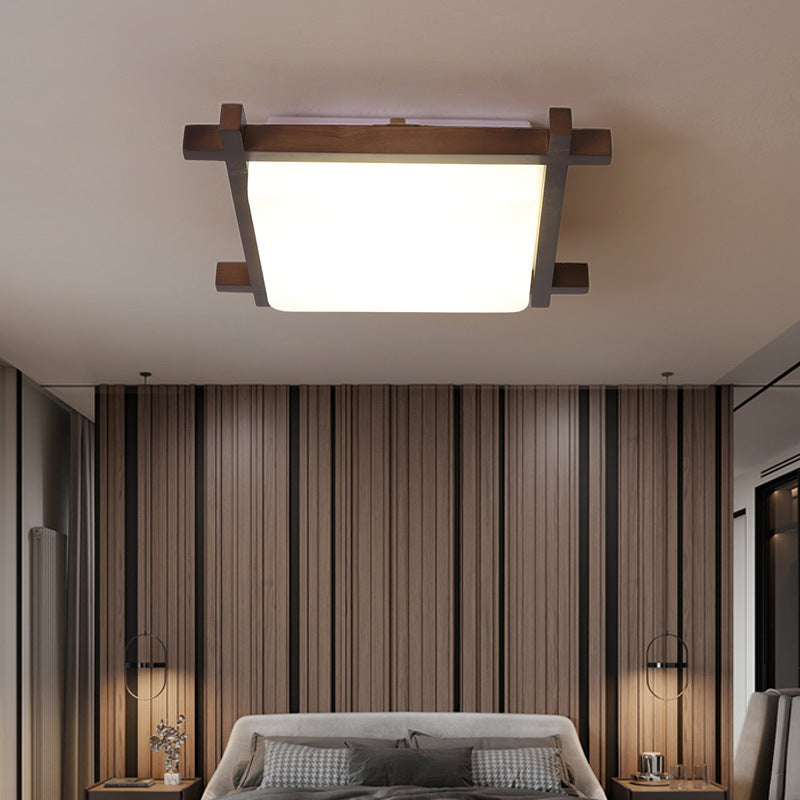Traditional Japanese Square Rubber Wood Acrylic LED Flush Mount Ceiling Light For Bedroom Lumendat