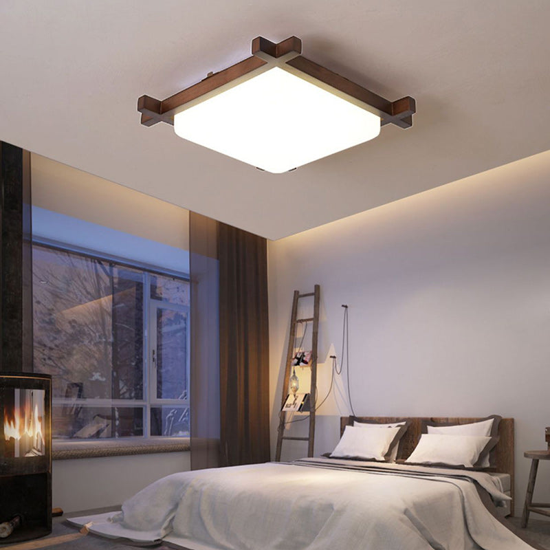 Traditional Japanese Square Rubber Wood Acrylic LED Flush Mount Ceiling Light For Bedroom Lumendat