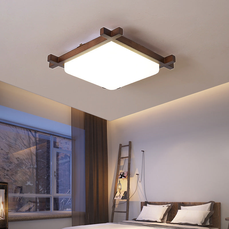 Traditional Japanese Square Rubber Wood Acrylic LED Flush Mount Ceiling Light For Bedroom Lumendat