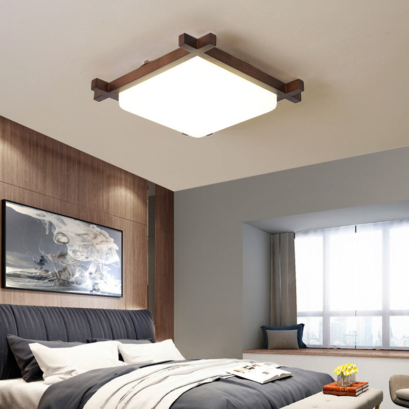 Traditional Japanese Square Rubber Wood Acrylic LED Flush Mount Ceiling Light For Bedroom Lumendat