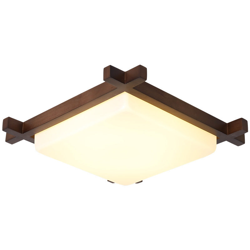 Traditional Japanese Square Rubber Wood Acrylic LED Flush Mount Ceiling Light For Bedroom Lumendat