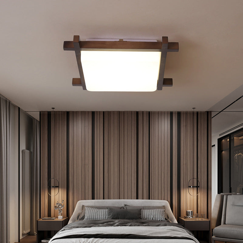 Traditional Japanese Square Rubber Wood Acrylic LED Flush Mount Ceiling Light For Bedroom Lumendat