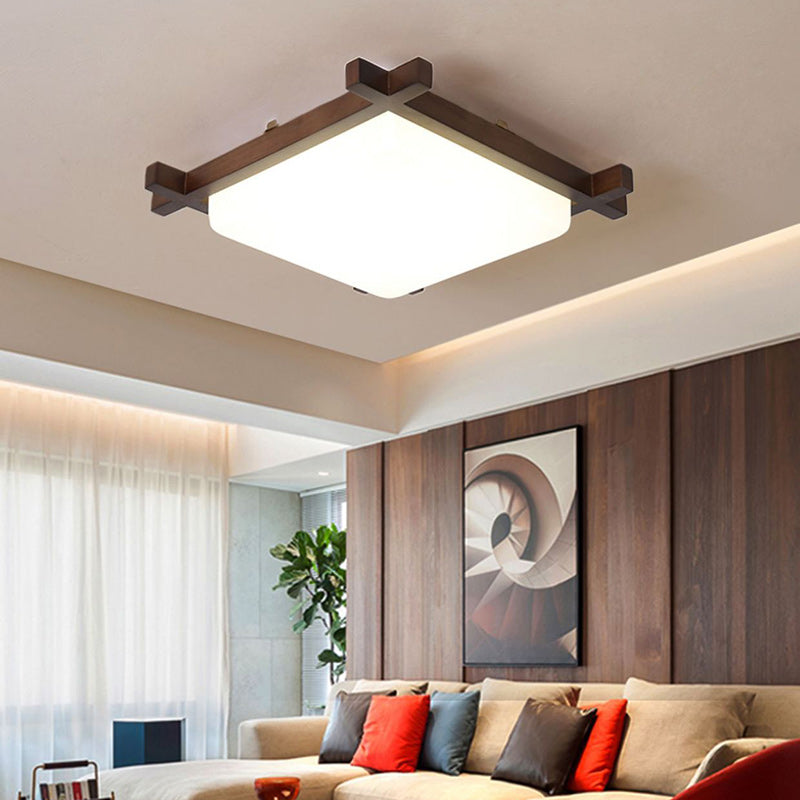 Traditional Japanese Square Rubber Wood Acrylic LED Flush Mount Ceiling Light For Bedroom Lumendat