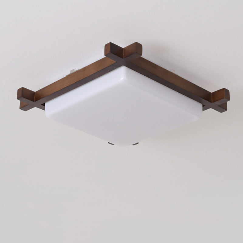 Traditional Japanese Square Rubber Wood Acrylic LED Flush Mount Ceiling Light For Bedroom Lumendat