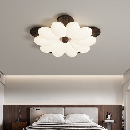 Contemporary Retro Flower Petal Wood PE LED Flush Mount Ceiling Light For Bedroom