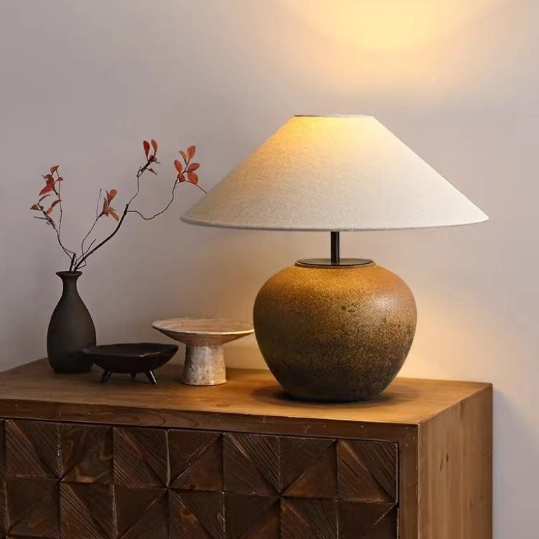 Traditional Japanese Fabric Ceramic Pot Conic 1-Light Table Lamp For Bedside Lumendat