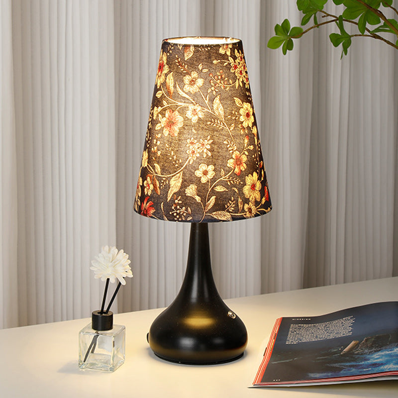 Traditional French Cylinder Floral Gourd Rechargeable Fabric Iron 1-Light Table Lamp Night Light For Bedside Lumendat