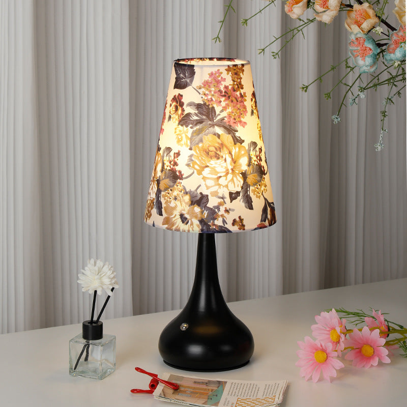 Traditional French Cylinder Floral Gourd Rechargeable Fabric Iron 1-Light Table Lamp Night Light For Bedside Lumendat