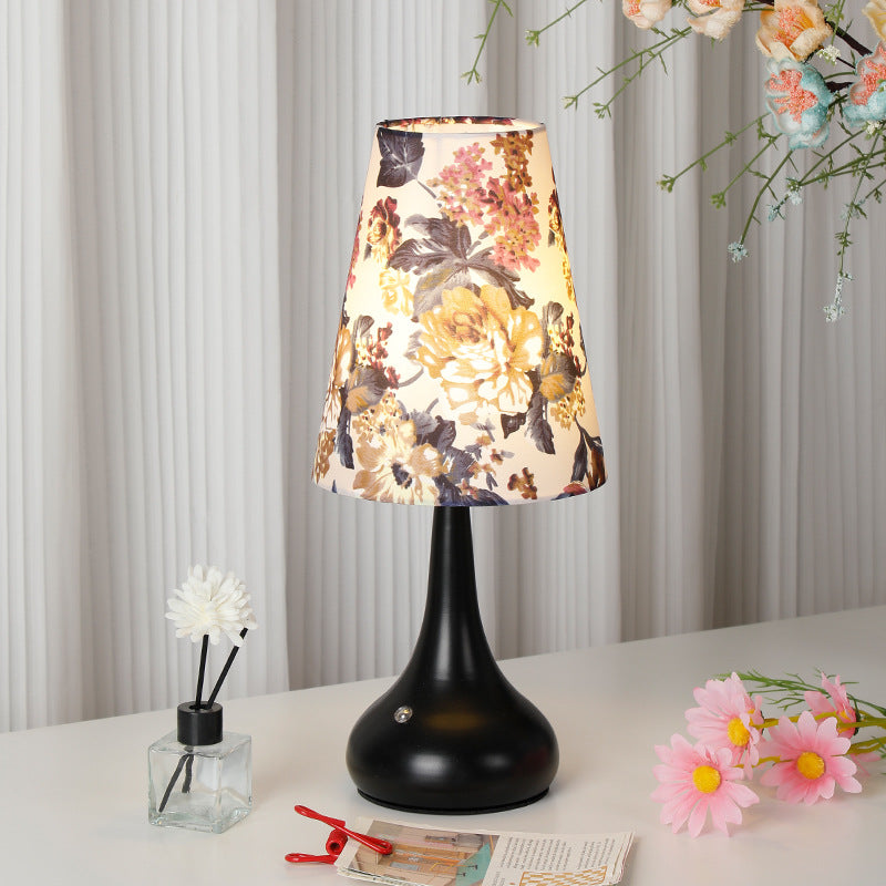 Traditional French Cylinder Floral Gourd Rechargeable Fabric Iron 1-Light Table Lamp Night Light For Bedside Lumendat