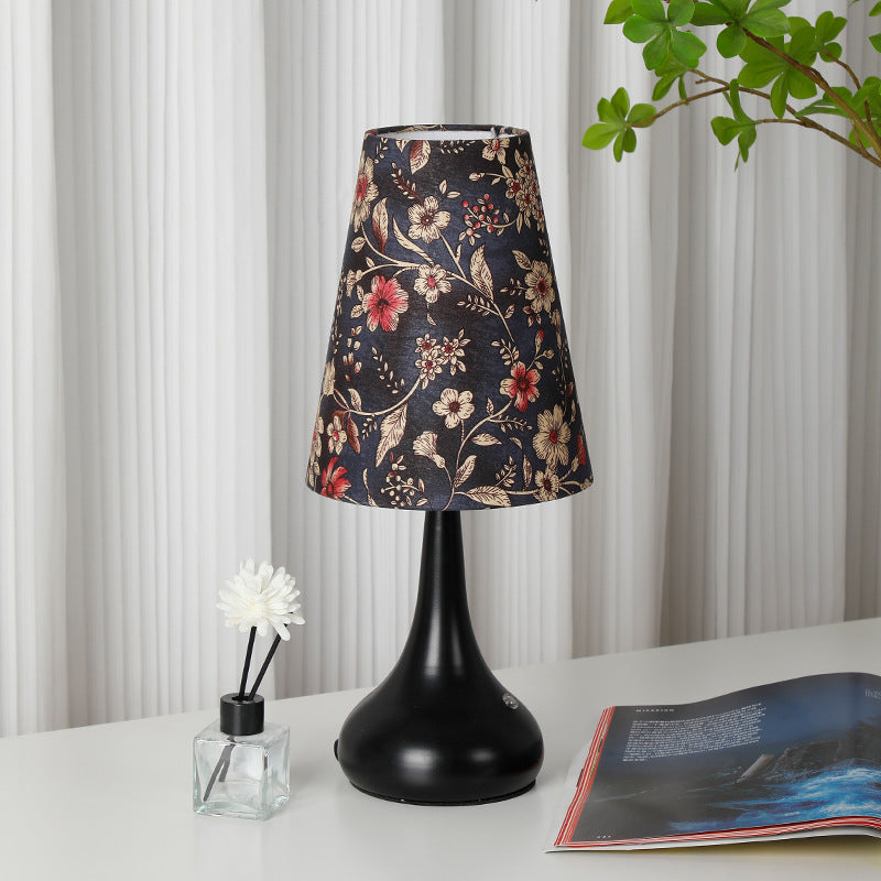 Traditional French Cylinder Floral Gourd Rechargeable Fabric Iron 1-Light Table Lamp Night Light For Bedside Lumendat