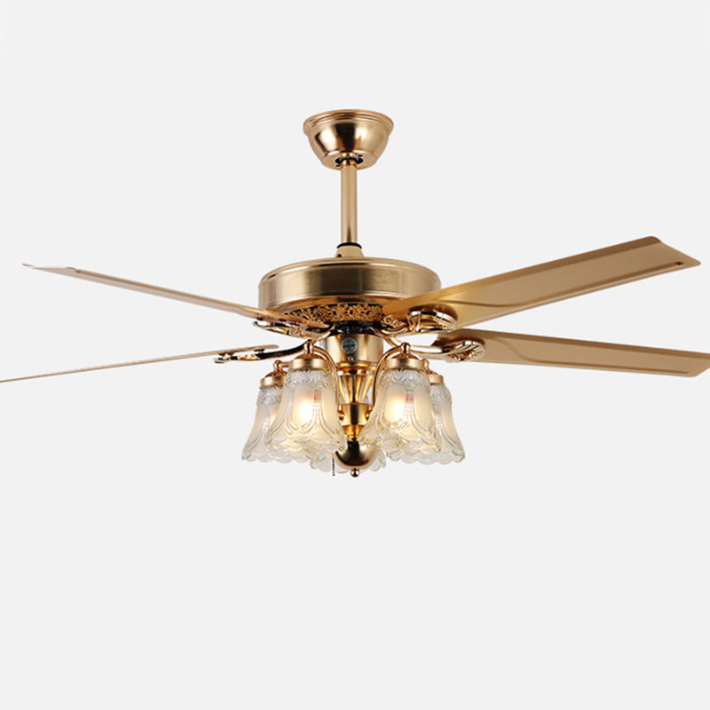 Traditional European Bell Floral Iron Wood PVC Glass 5-Light Downrods Ceiling Fan Light For Living Room Lumendat