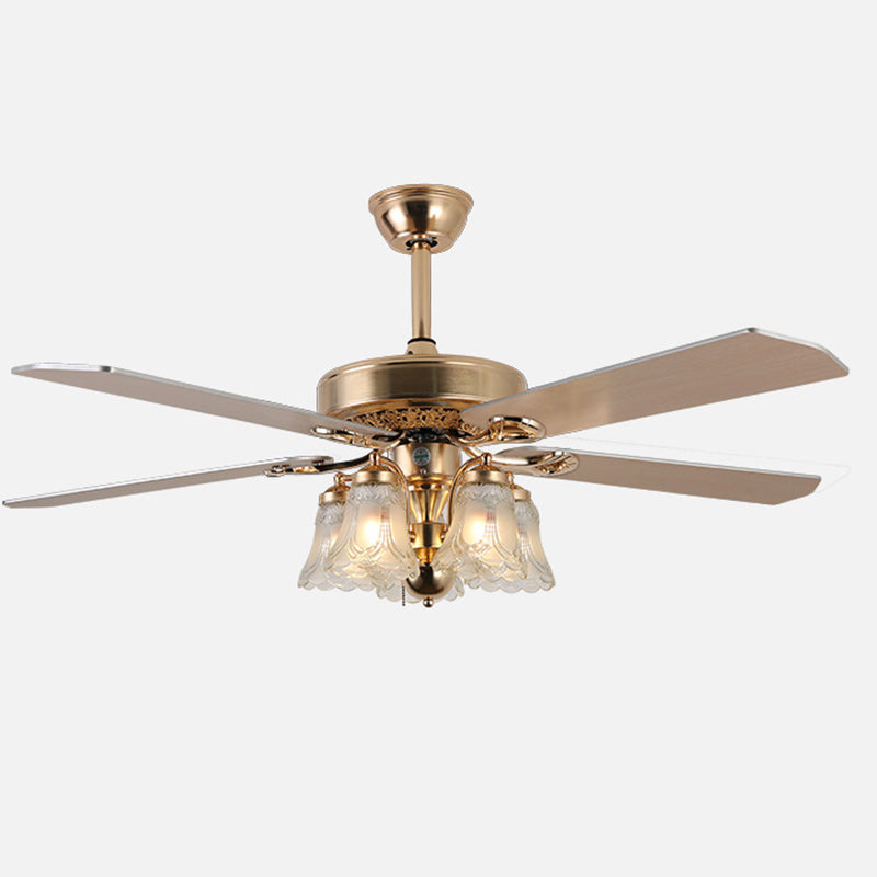 Traditional European Bell Floral Iron Wood PVC Glass 5-Light Downrods Ceiling Fan Light For Living Room Lumendat