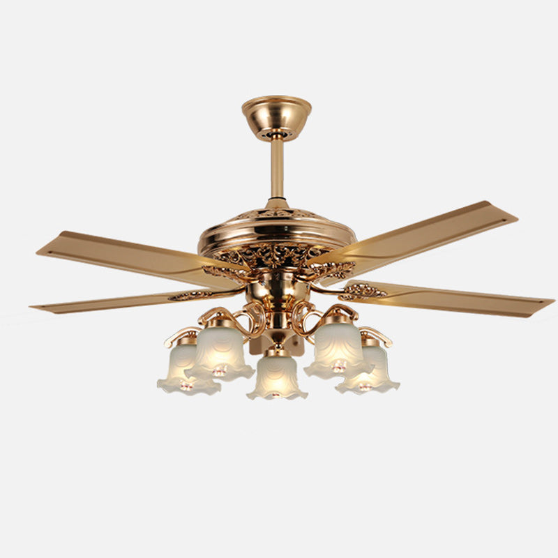 Traditional European Bell Floral Iron Wood PVC Glass 5-Light Downrods Ceiling Fan Light For Living Room Lumendat