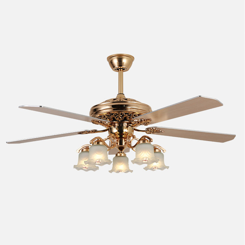 Traditional European Bell Floral Iron Wood PVC Glass 5-Light Downrods Ceiling Fan Light For Living Room Lumendat