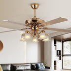 Traditional European Bell Floral Iron Wood PVC Glass 5-Light Downrods Ceiling Fan Light For Living Room Lumendat
