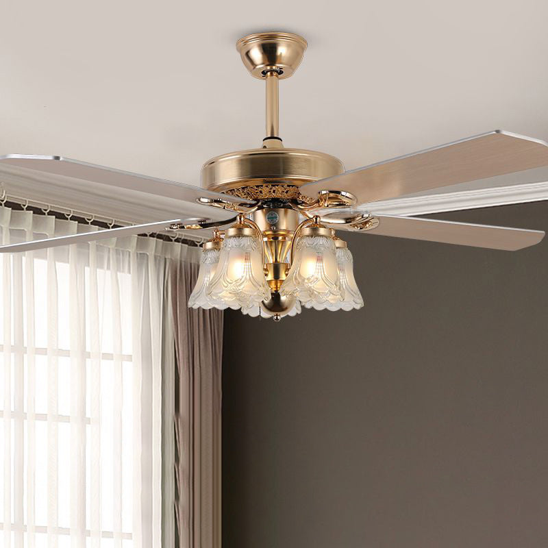 Traditional European Bell Floral Iron Wood PVC Glass 5-Light Downrods Ceiling Fan Light For Living Room Lumendat