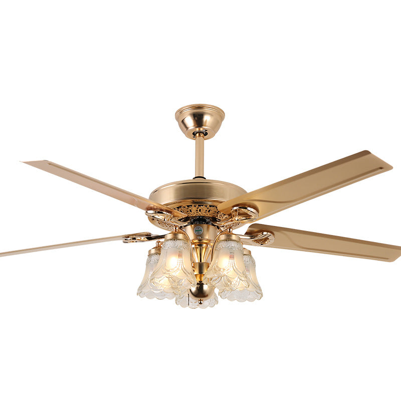 Traditional European Bell Floral Iron Wood PVC Glass 5-Light Downrods Ceiling Fan Light For Living Room Lumendat