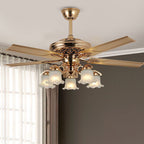 Traditional European Bell Floral Iron Wood PVC Glass 5-Light Downrods Ceiling Fan Light For Living Room Lumendat