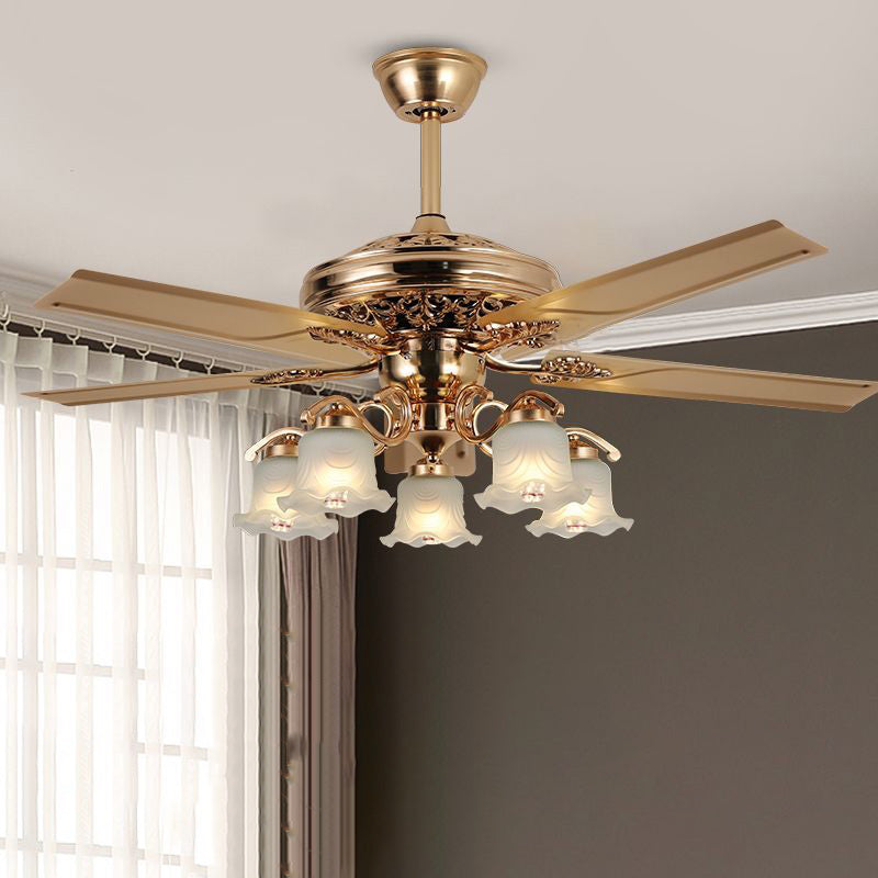 Traditional European Bell Floral Iron Wood PVC Glass 5-Light Downrods Ceiling Fan Light For Living Room Lumendat