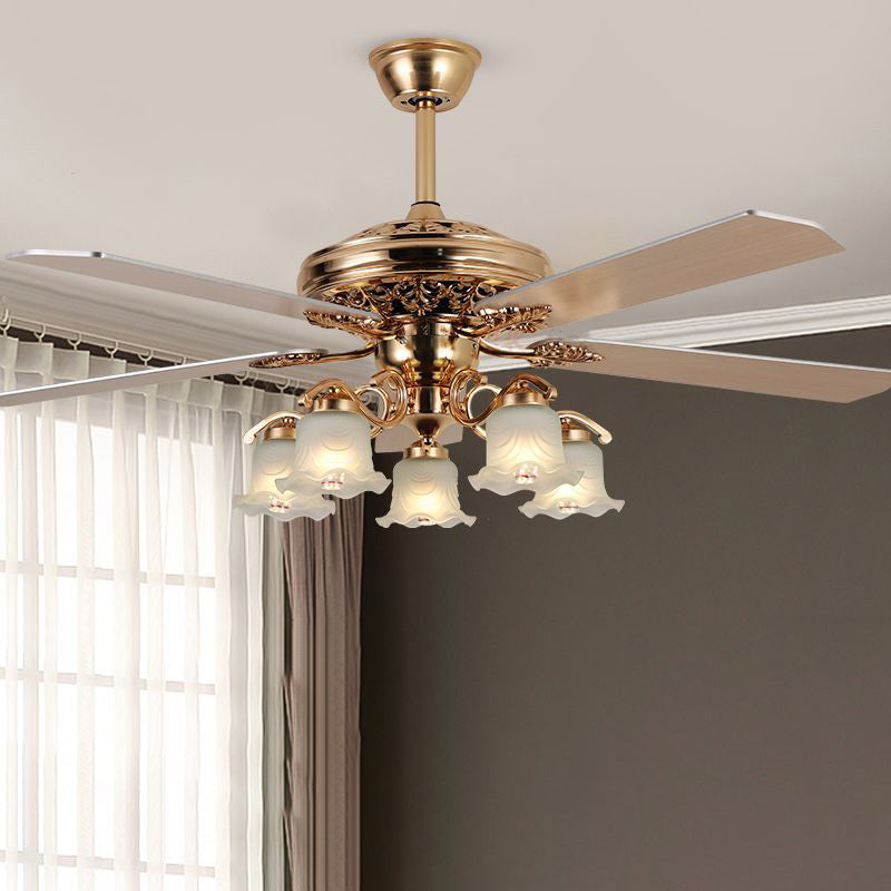 Traditional European Bell Floral Iron Wood PVC Glass 5-Light Downrods Ceiling Fan Light For Living Room Lumendat