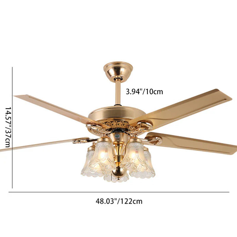 Traditional European Bell Floral Iron Wood PVC Glass 5-Light Downrods Ceiling Fan Light For Living Room Lumendat