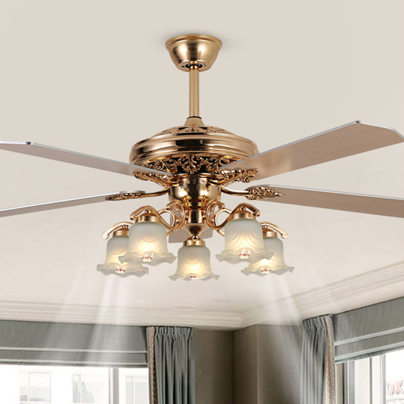 Traditional European Bell Floral Iron Wood PVC Glass 5-Light Downrods Ceiling Fan Light For Living Room Lumendat